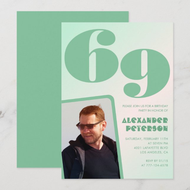 Green gradient 69th birthday invitations Boy Photo (Front/Back)