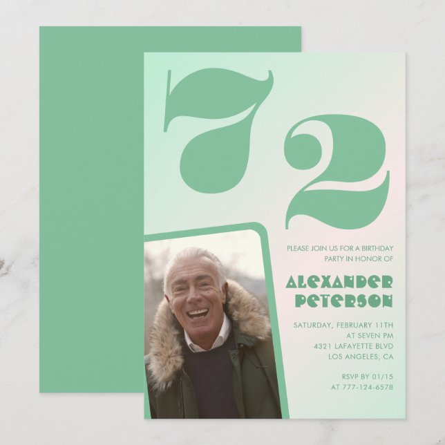Green gradient 72nd birthday invitations Men Photo (Front/Back)