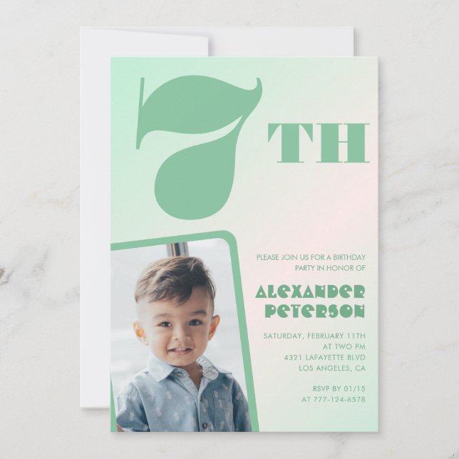 Green gradient 7th birthday invitations Boy Photo (Front)