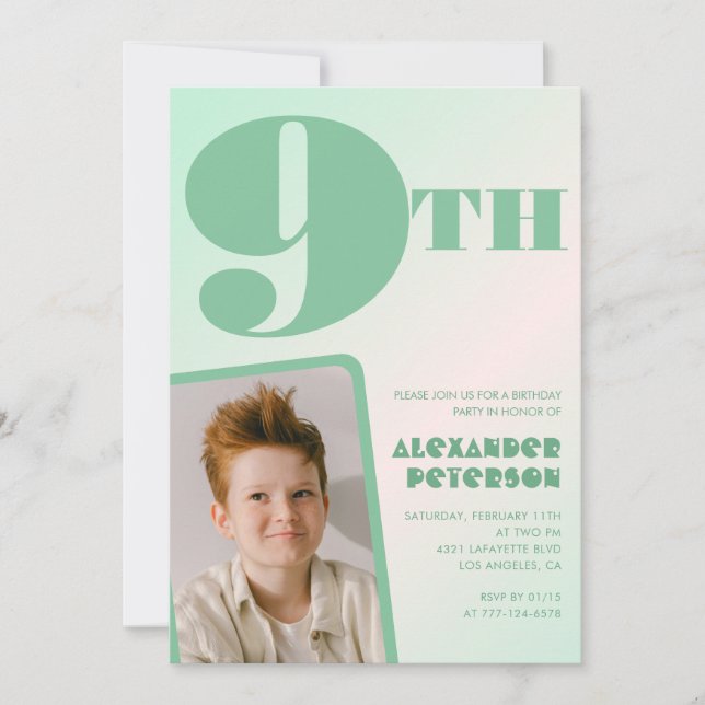 Green gradient 9th birthday invitations Boy Photo (Front)