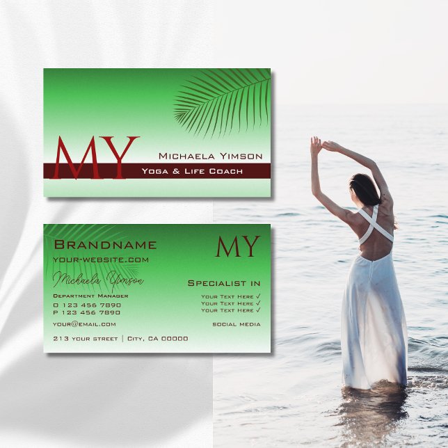 Green Gradient Palm Leaf with Monogram Stylish Business Card (Creator Uploaded)