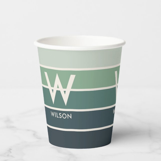 Green Gradient Striped Monogram Personal Party Paper Cups (Front)