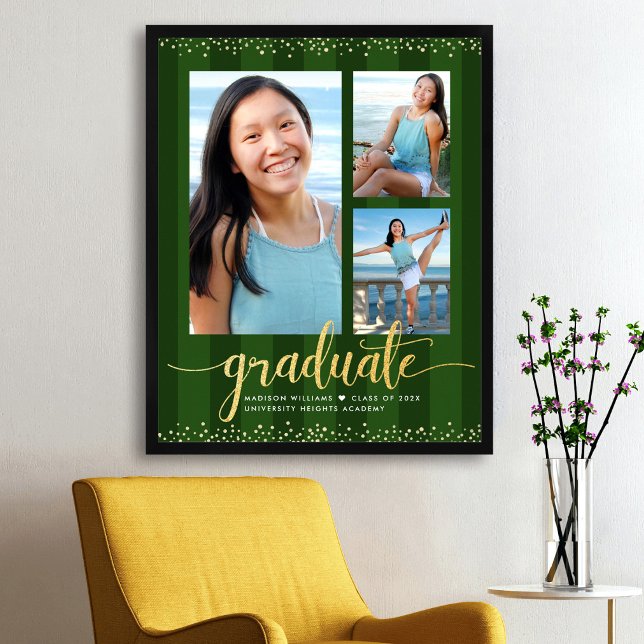 Green Graduate 3 Photo Stripes Gold Glitter Script Poster (Creator Uploaded)