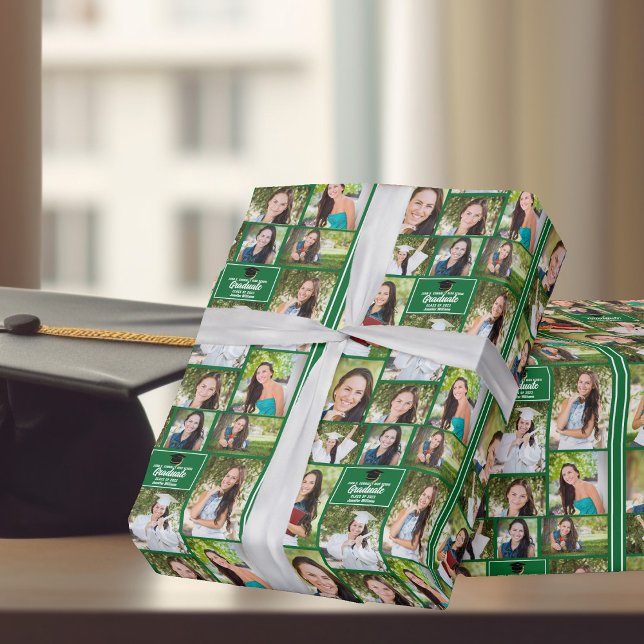 Green Graduate 9 Photo Collage Modern Graduation Wrapping Paper (Creator Uploaded)
