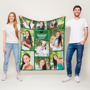 Green Graduate Photo Collage Custom Graduation Fleece Blanket