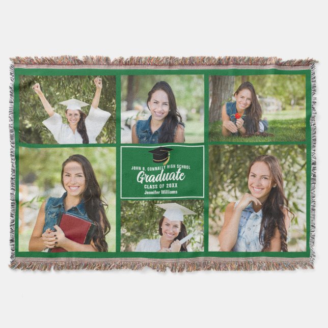 Green Graduate Photo Collage Custom Graduation Throw Blanket (Front)