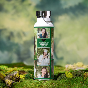 Green Graduate Photo Collage Modern Graduation Water Bottle