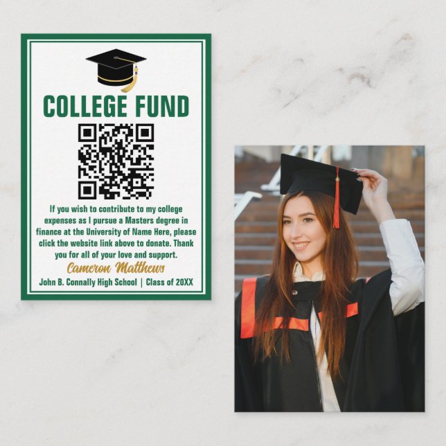 Green Graduate Photo College Fund QR Code Enclosure Card (Front/Back)