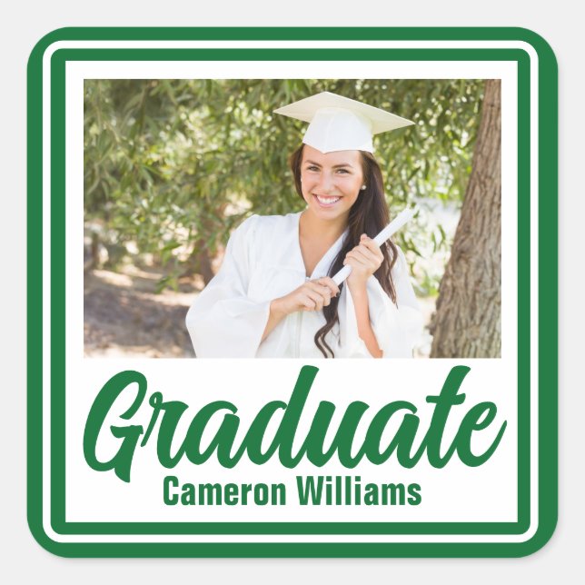 Green Graduate Photo Personalised Graduation Square Sticker (Front)