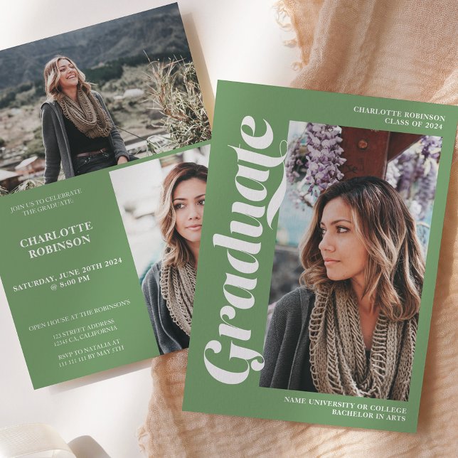 Green graduate script 3 photo graduation invitation (Green graduate script 3 photo graduation invitation)