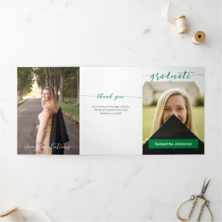 Green Graduate Script Modern Three Photo Tri-Fold Invitation