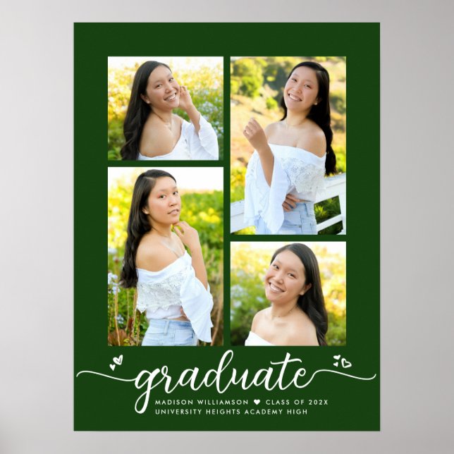 Green Graduation 4 Photo Script Heart Modern Girly Poster (Front)
