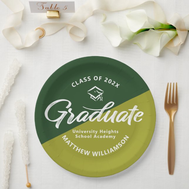 Green Graduation Bold Retro Script Cap Icon Simple Paper Plate (Wedding)