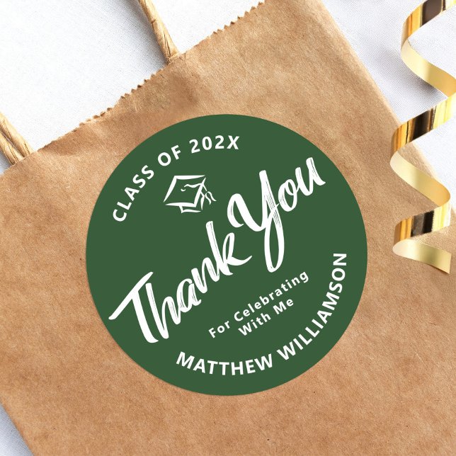 Green Graduation Bold Script Cap Thank You Modern Classic Round Sticker (Creator Uploaded)