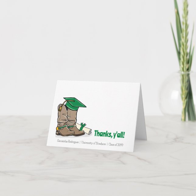 Green Graduation Cap and Cowboy Boot Thank You Card (Front)