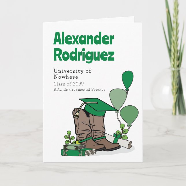 Green Graduation Cap Cowboy Boot Arrangement Invitation (Front)