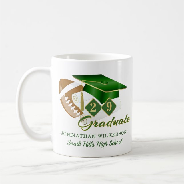 Green Graduation Cap Football Personalised Coffee Mug (Left)