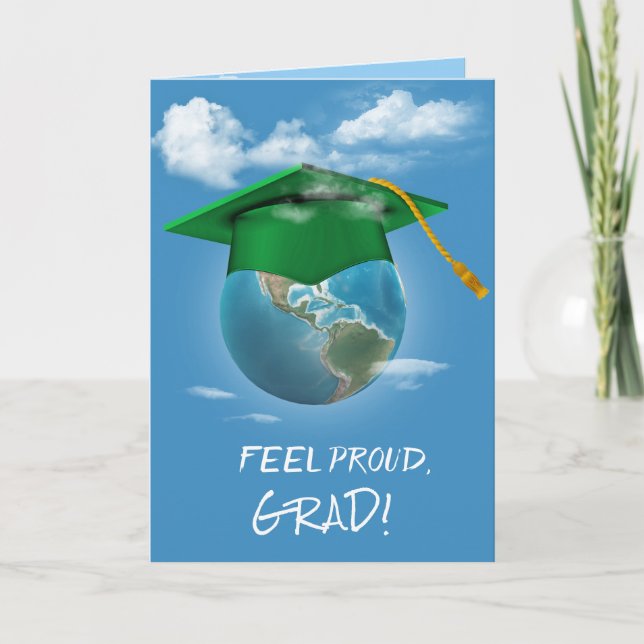 Green Graduation Cap on Planet Earth Card (Front)