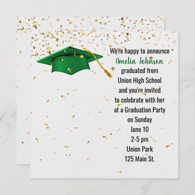 Green Graduation Cap with Gold Confetti  Invitation (Front/Back)