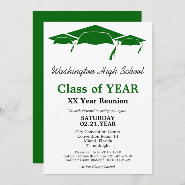 Green Graduation Caps Class Reunion Template (Front/Back)