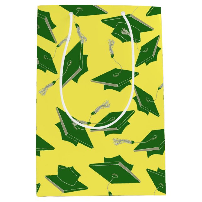 Green Graduation Caps Tossed in the Air on Yellow Medium Gift Bag (Front)