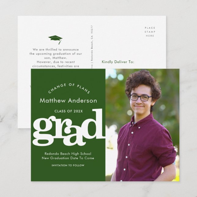Green graduation change of plans bold typography invitation postcard (Front/Back)