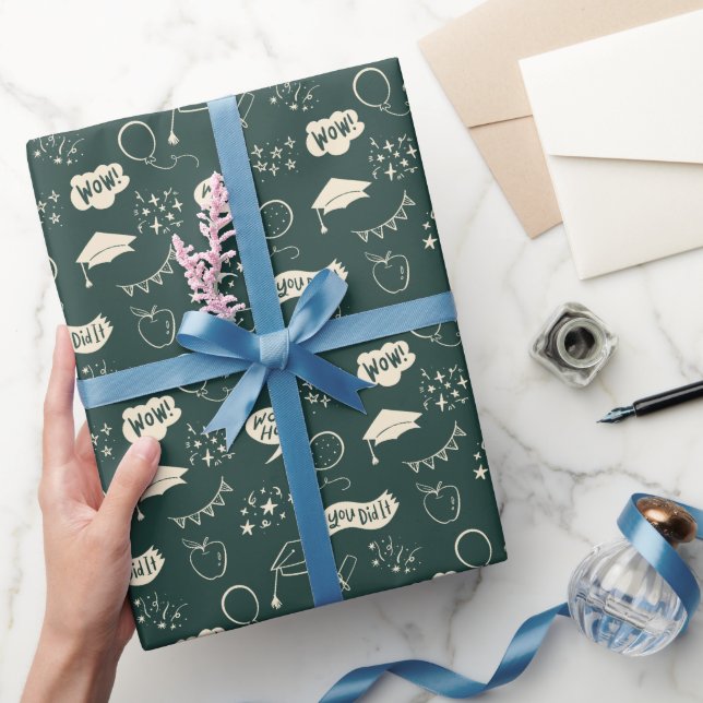Green Graduation Hand Drawn Scribble Pattern Wrapping Paper (Gifting)