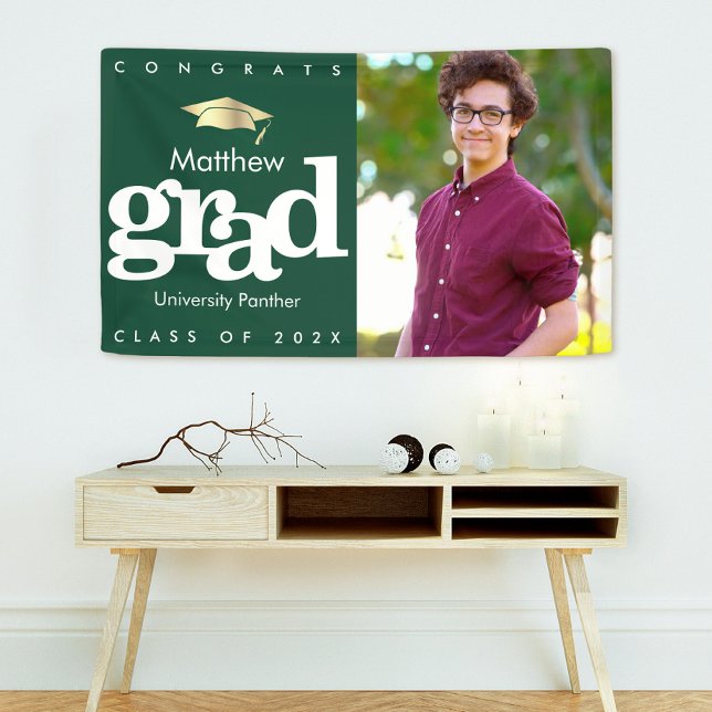 Green graduation photo gold cap modern bold simple banner (Creator Uploaded)