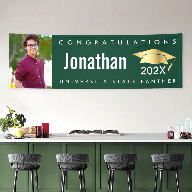 Green graduation photo gold cap modern bold simple banner (Creator Uploaded)