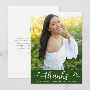 Green Graduation Photo Modern Elegant Script Heart Thank You Card