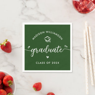 Green Graduation Script Hearts Cap Icon Fun Modern Napkin