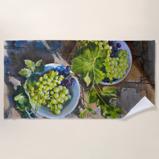 Green Grape Still Life Painting Beach Towel