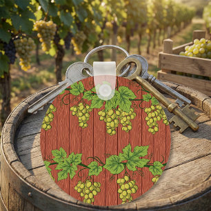 Green Grape Vine Pattern on Rustic Wood Key Ring