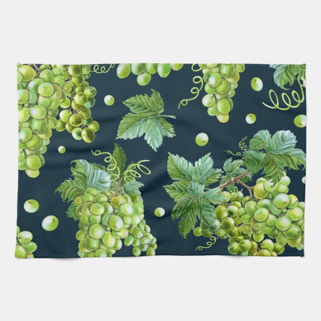 Green Grape: Watercolor Dark Pattern Tea Towel (Horizontal)