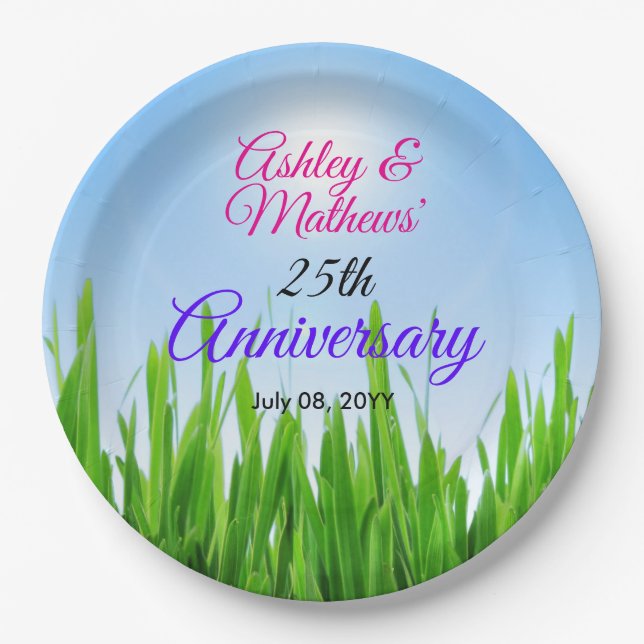 Green Grass Garden with Blue Sky Design Paper Plate (Front)