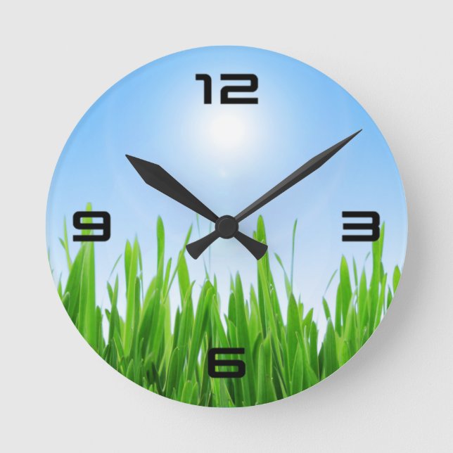 Green Grass Garden with Blue Sky Design Round Clock (Front)