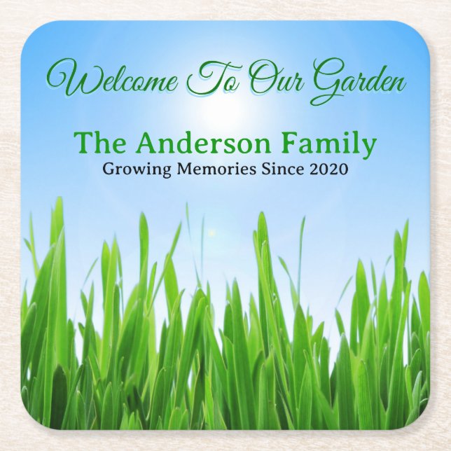 Green Grass Garden with Blue Sky Design Square Paper Coaster (Front)
