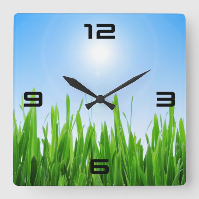 Green Grass Garden with Blue Sky Design Square Wall Clock (Front)