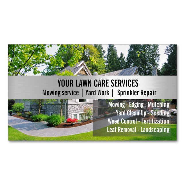 Green Grass Mowing Yarn Care Gardenin Magnetic Business Card (Front)