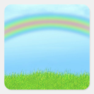 Green Grass, Rainbow & Blue Sky Background Square Sticker