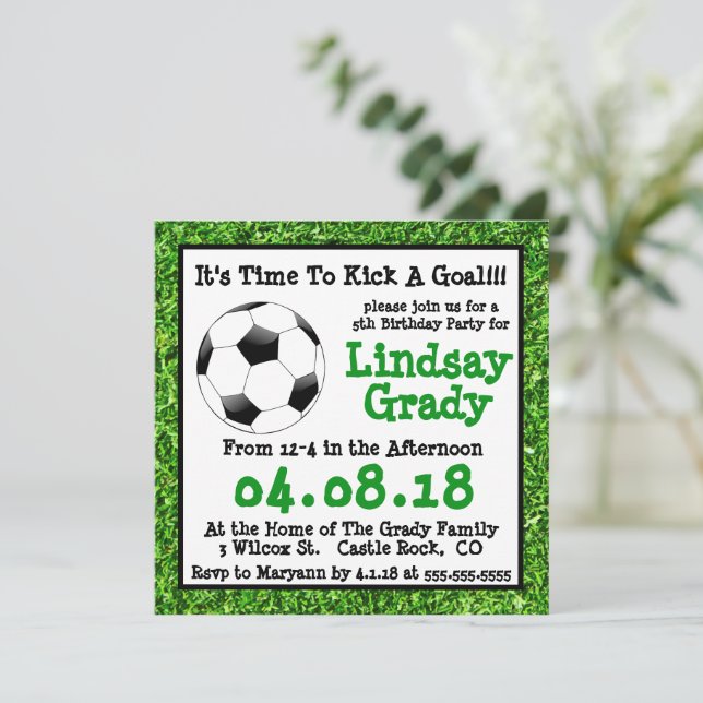 Green Grass Soccer Birthday Invitation (Standing Front)