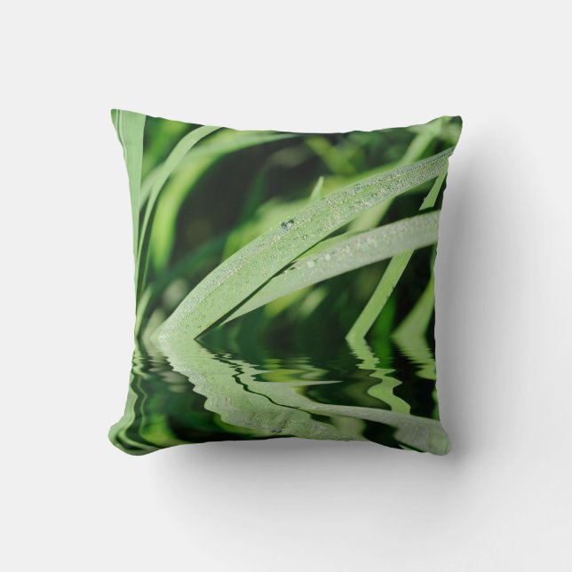 Green grass with drops of dew reflecting in water cushion (Front)