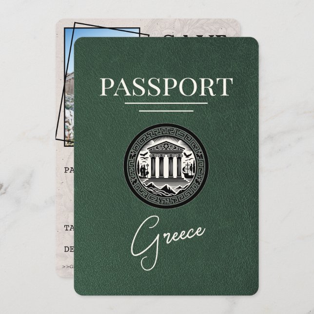 Green Greece Passport Save the Date Card (Front/Back)