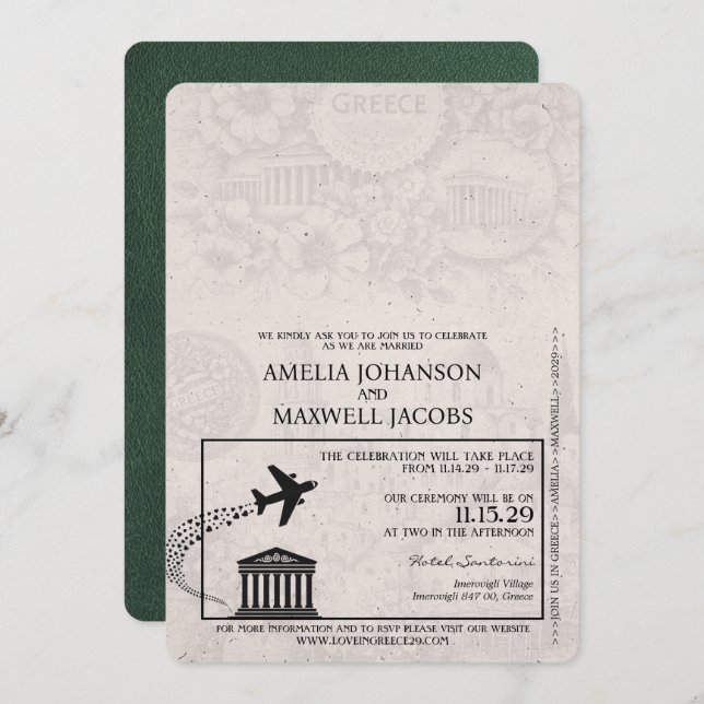Green Greece Passport Wedding Invitation (Front/Back)