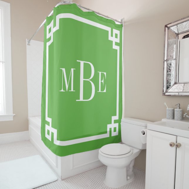 Green Greek Key Border Monogram Shower Curtain (In Situ)