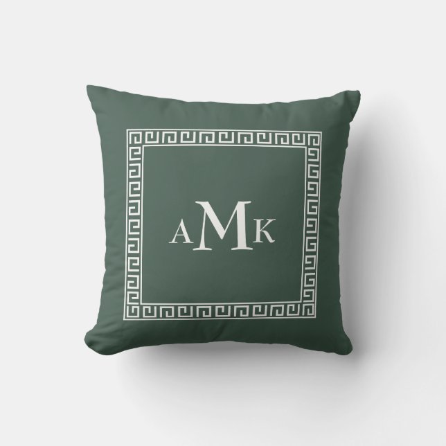 Green Greek Key | Monogrammed Throw Pillow (Front)