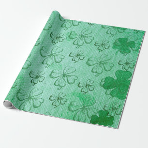 GREEN, GREEN A LUCKY FOUR-LEAF CLOVER PATTERNS WRAPPING PAPER