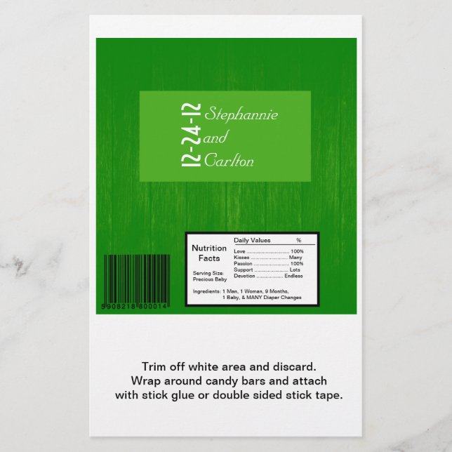 Green/Green Wood Grain Wedding Candy Wrapper (Front)