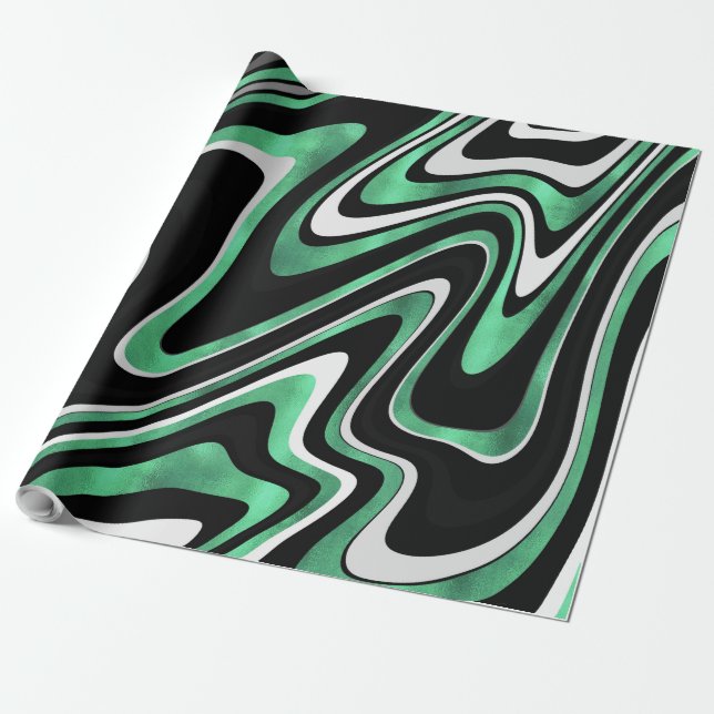 Green Grey Abstract Swirl Retro Black Pattern Wrapping Paper (Unrolled)