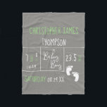 Green Grey Baby Boy Name birth date and stats Fleece Blanket<br><div class="desc">Introducing our Green Grey Baby Boy Name Birth Date and Stats Fleece Blanket, a heartwarming and customisable keepsake that celebrates the arrival of your baby boy. This fleece blanket is designed to be personalised with your baby's full name, birth date, weight, length, and time of birth, creating a treasured memento...</div>